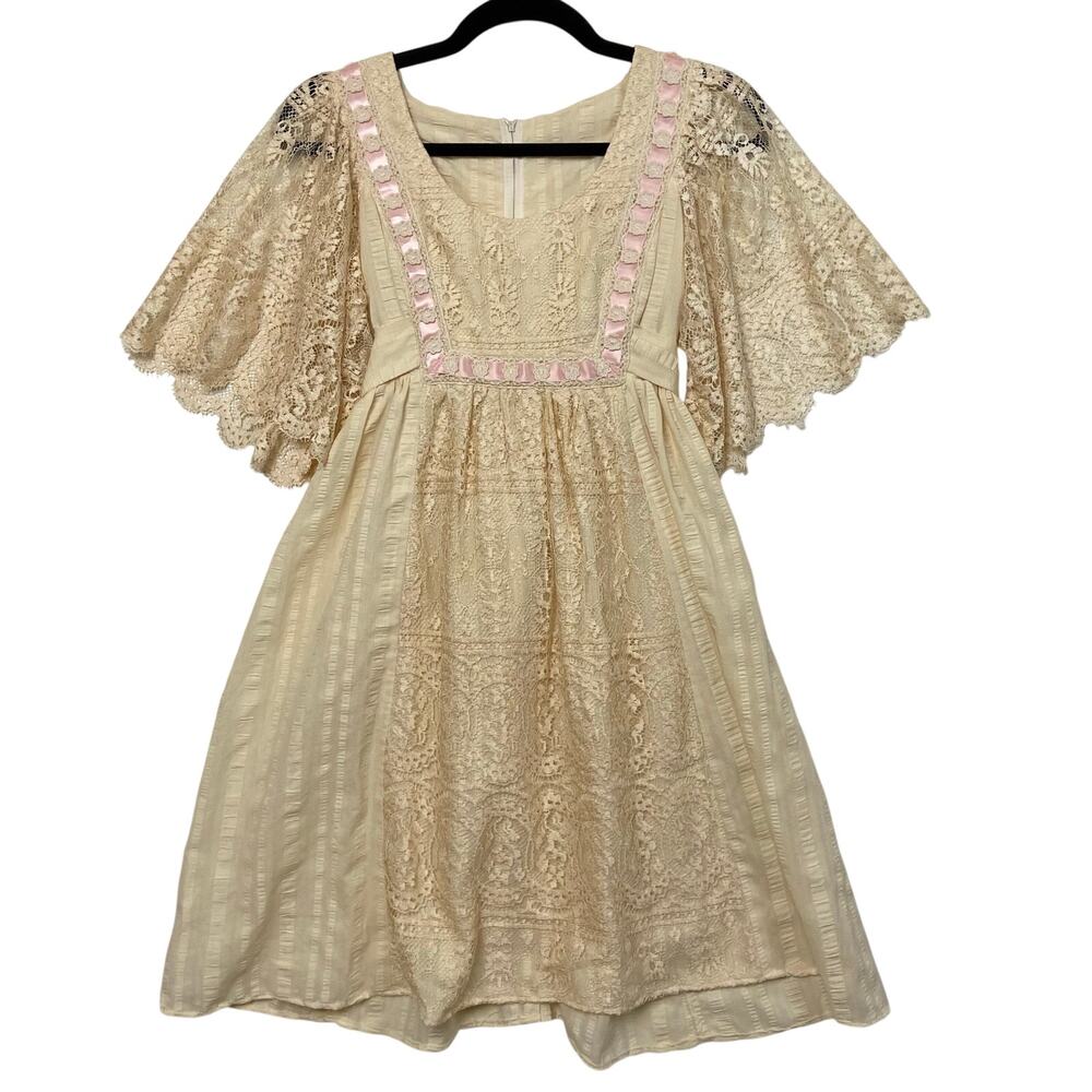Women's Cottage Prairie Fairy Boho Lace Sleeve Ribbon Inset Cream Pink Dress